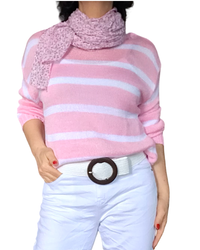 Chandail en tricot manches longues col rond à rayures blanche et rose pâle
