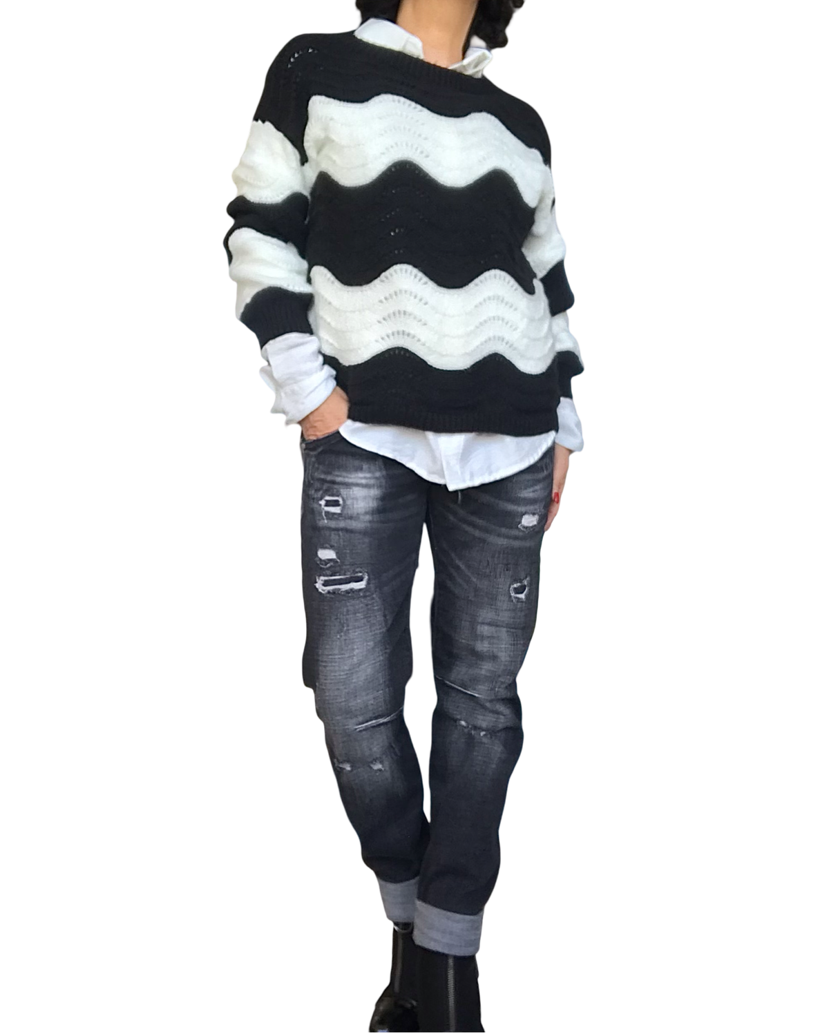 Jeans boyfriend noir délavé déconstruit