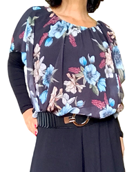 Blouse en voile noire fleurie bande au bas, manche courte