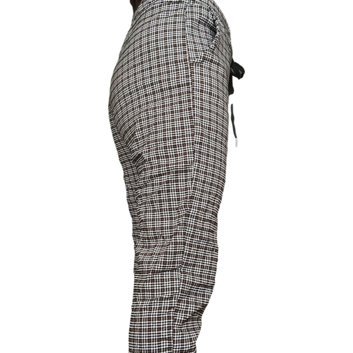 Pantalon vichy noir, brun et blanc à taille élastique de coté