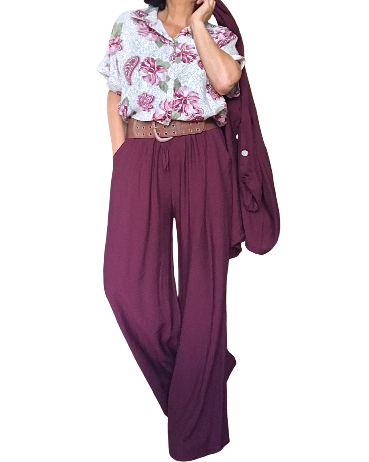 Pantalon palazzo bourgogne taille élastique 30 pouces de jambe