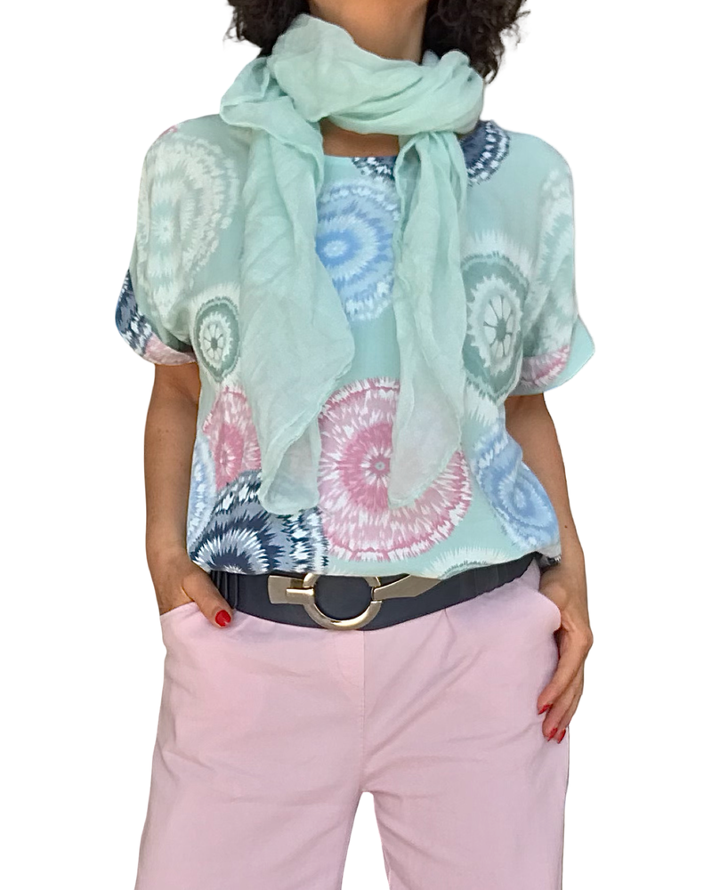 Blouse aqua à manches courtes avec grosses pastilles marine, rose, bleu ciel