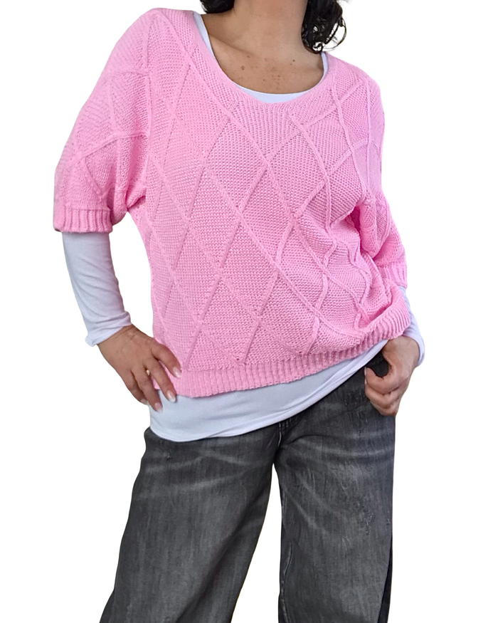 Chandail rose bonbon en crochet manche courte