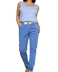 Pantalon bleu jeans à taille élastique avec cordon et 4 boutons décoratifs