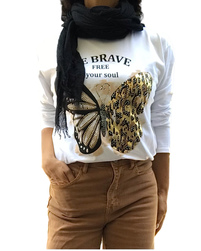 T-shirt col rond blanc manche longue, dessin de papillon doré et blanc