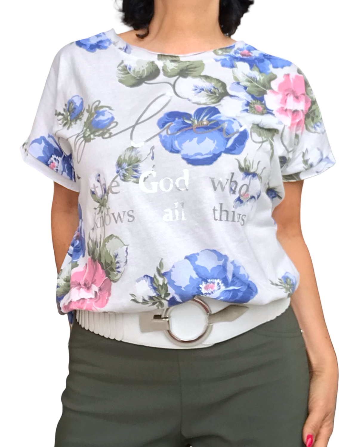 T-shirt col rond cordon au bas imprimé fleuri bleu, rose et kaki
