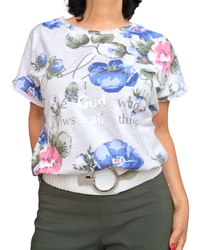 T-shirt col rond cordon au bas imprimé fleuri bleu, rose et kaki