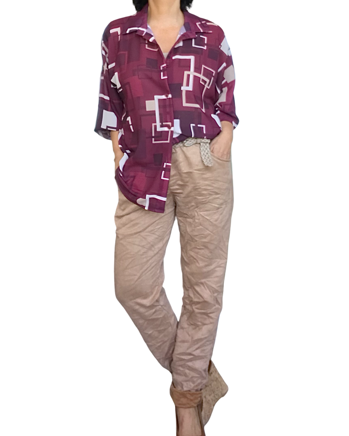 Chemise bourgogne à carreaux beige, crème et noir manche longue