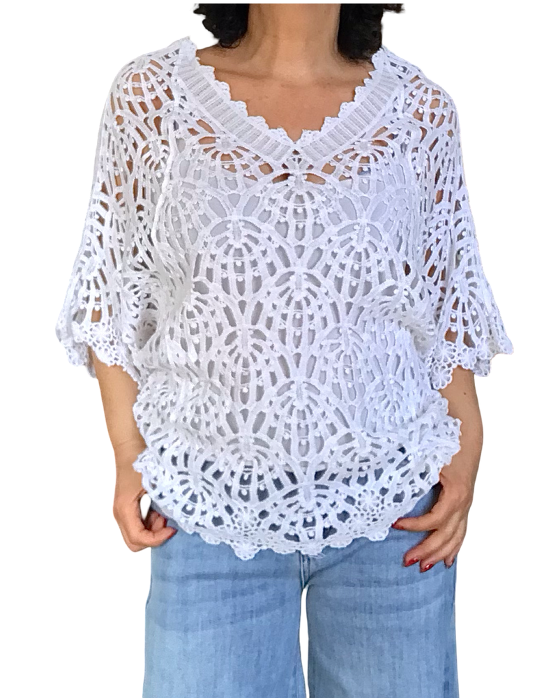 Chandail col en V en crochet dentelle blanc manche courte