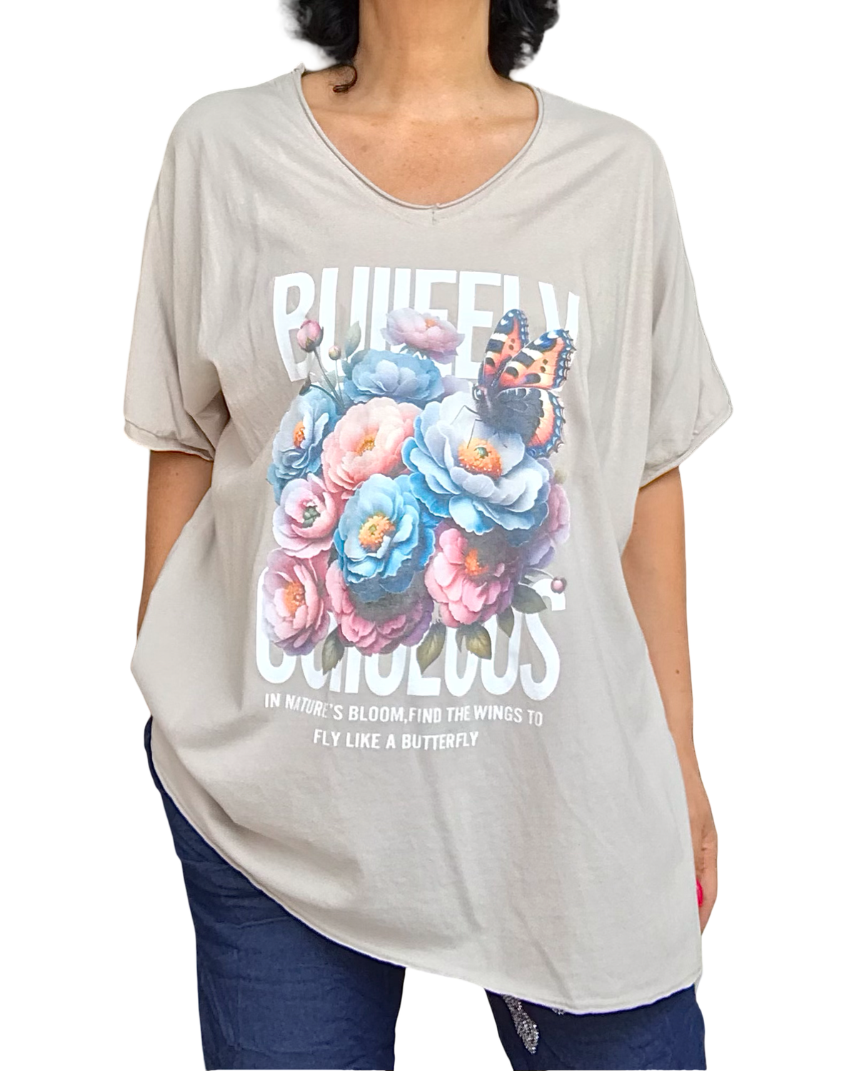 T-shirt col en V beige – bouquet & papillon