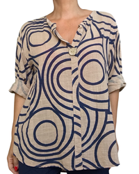 Blouse manche courte camel avec cercle bleu marin 