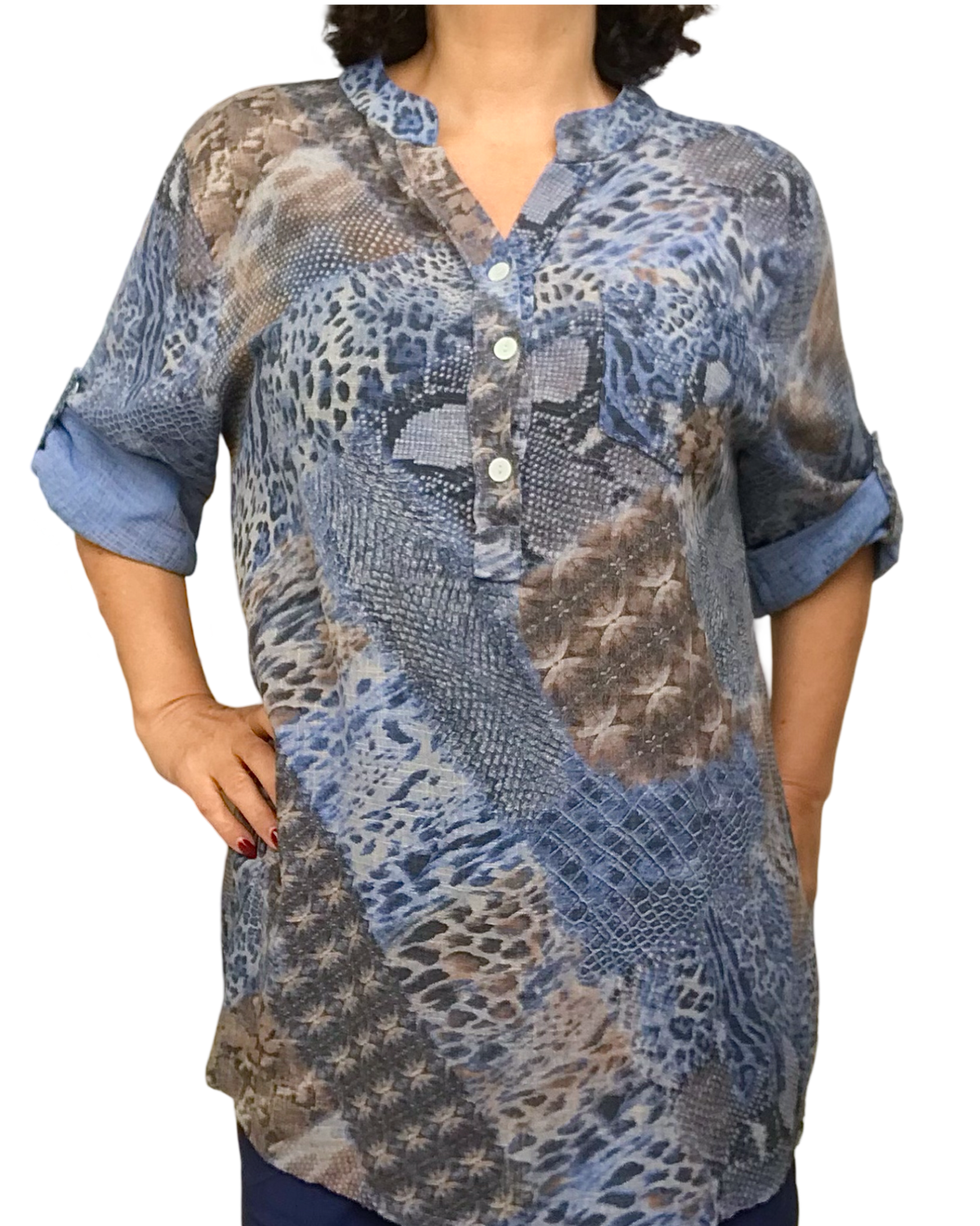 Blouse bleu print animal bleu, brun et noir