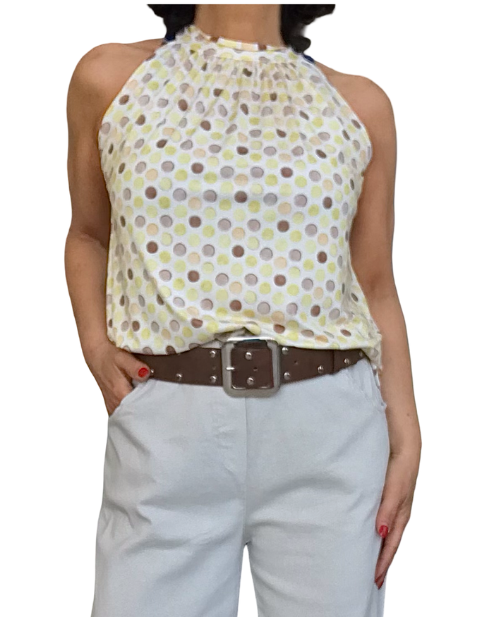 Camisole noué au cou blanc cassé à pois jaune pale et moka
