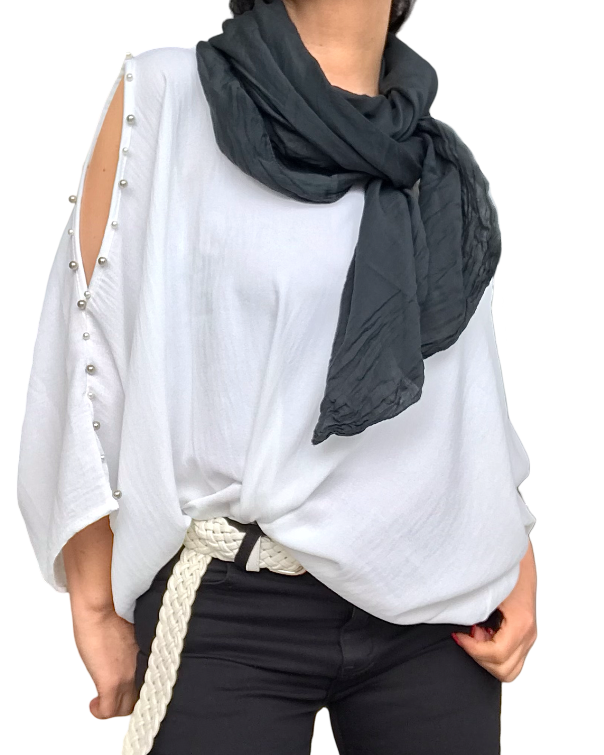 Chandail uni léger avec épaules ouvertes crème avec foulard, noir et ceinture en similicuir, tressé, étroite, off White