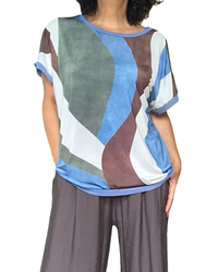 T-shirt imprimé abstrait bleu,kaki, brun et crème manche courte col rond