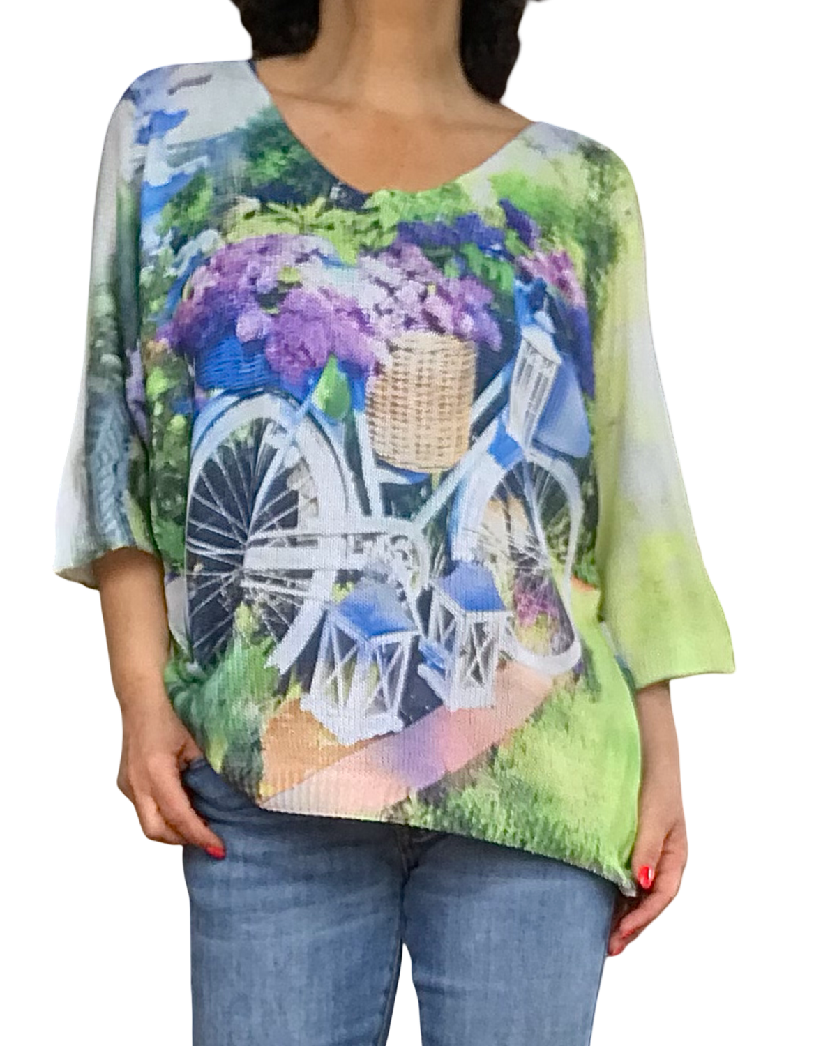Chandail tricot léger, manche courte col en V avec une bicyclette
