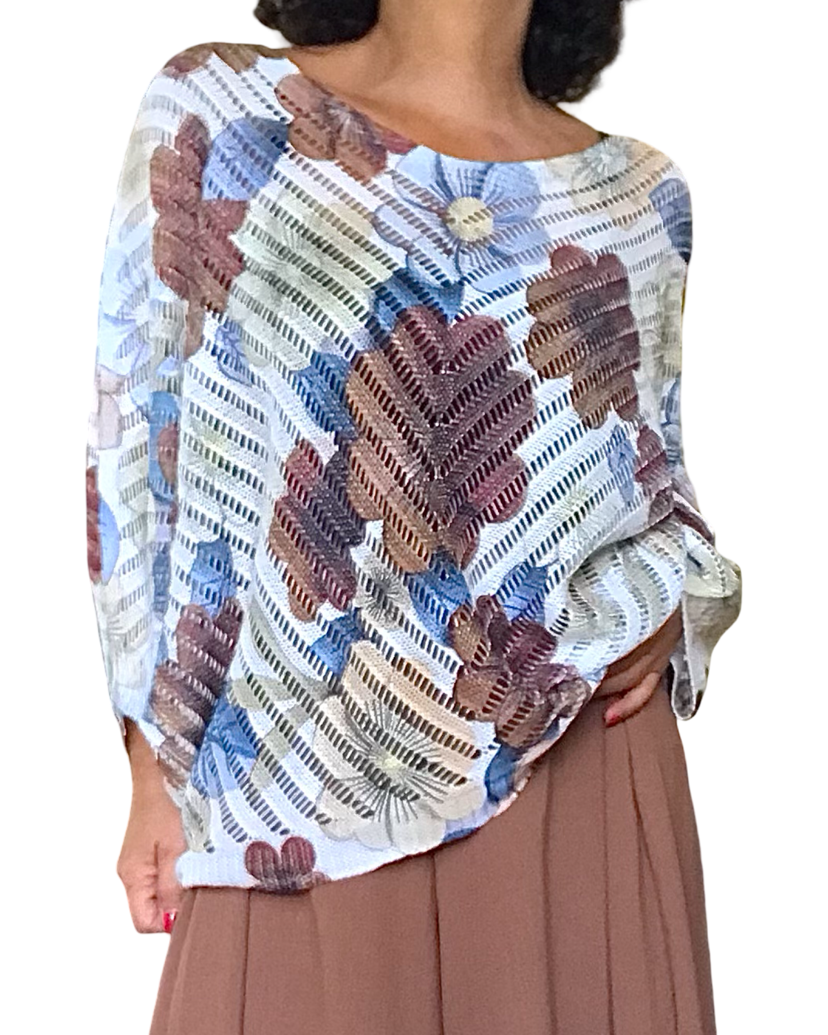 Chandail en mailles avec imprimé de fleurs brunes , bleu et beige