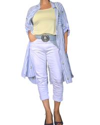 Chemise longue blanche à rayures bleu jeans imprimé de citrons