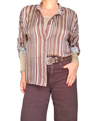 Chemise brune à rayures verticales, manche 3/4 en voile