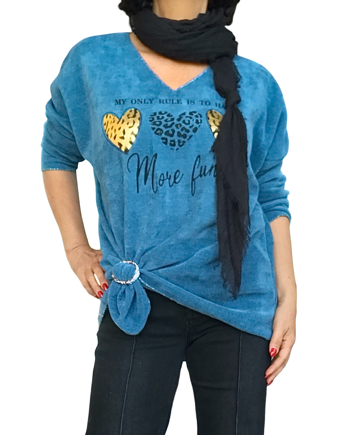 Chandail bleu sarcelle col en V en velours chenille avec 3 cœurs