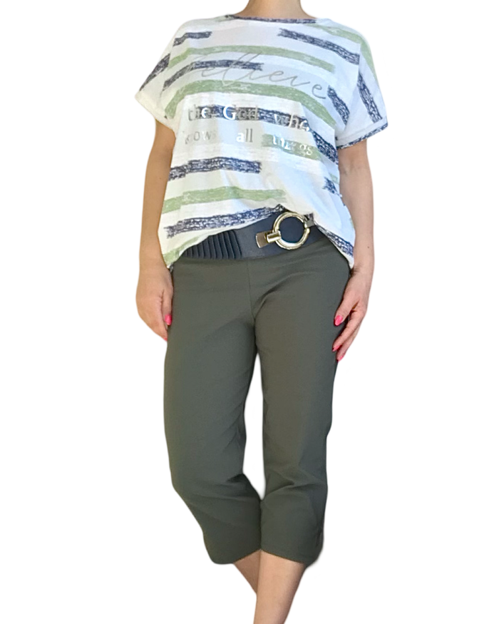 T-shirt rayé kaki et marine à message argenté