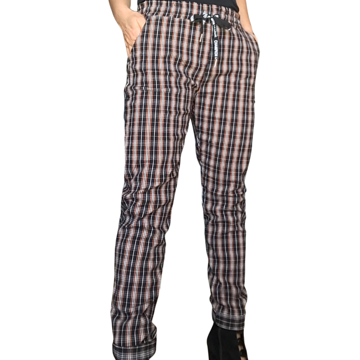 Pantalon taille élastique à carreaux noir, rouille et blanc