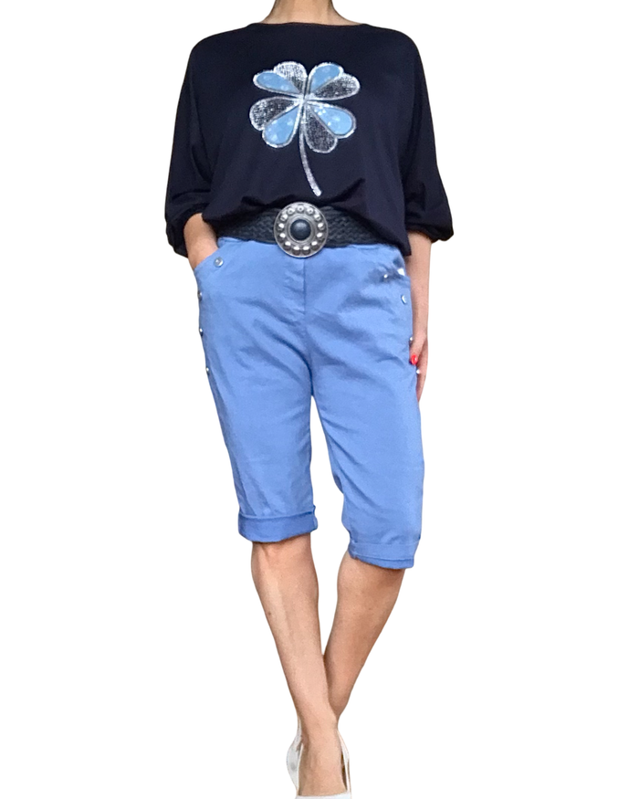T-shirt manche longue marine avec une fleur scintillante