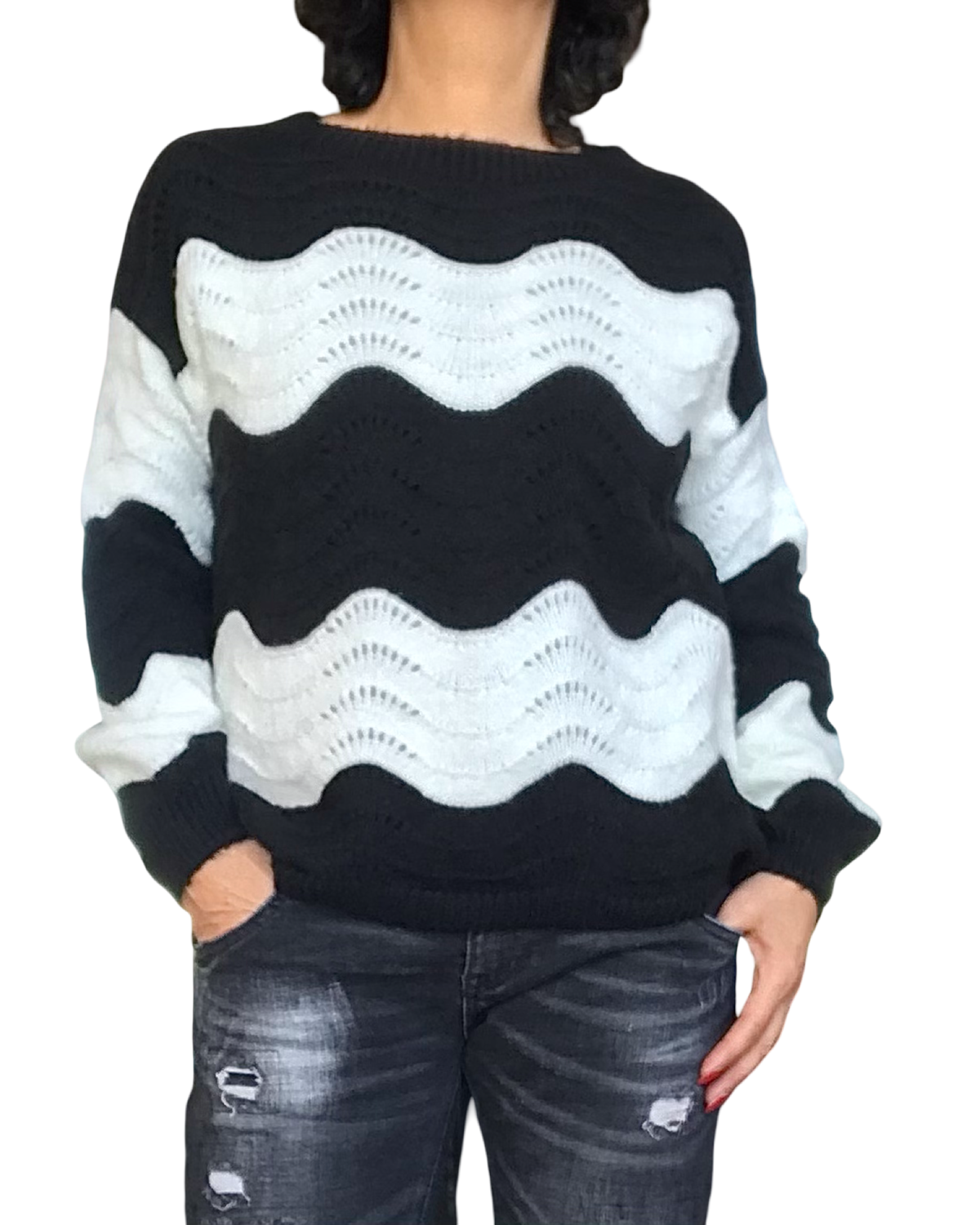 Chandail col rond motif ondulatoire en tricot noir et blanc