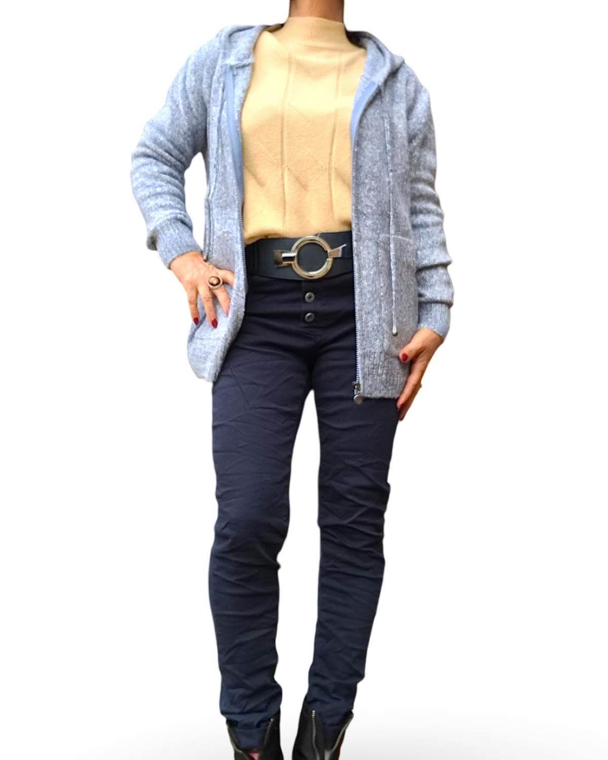 Cardigan chiné à capuchon bleu avec pantalon marine