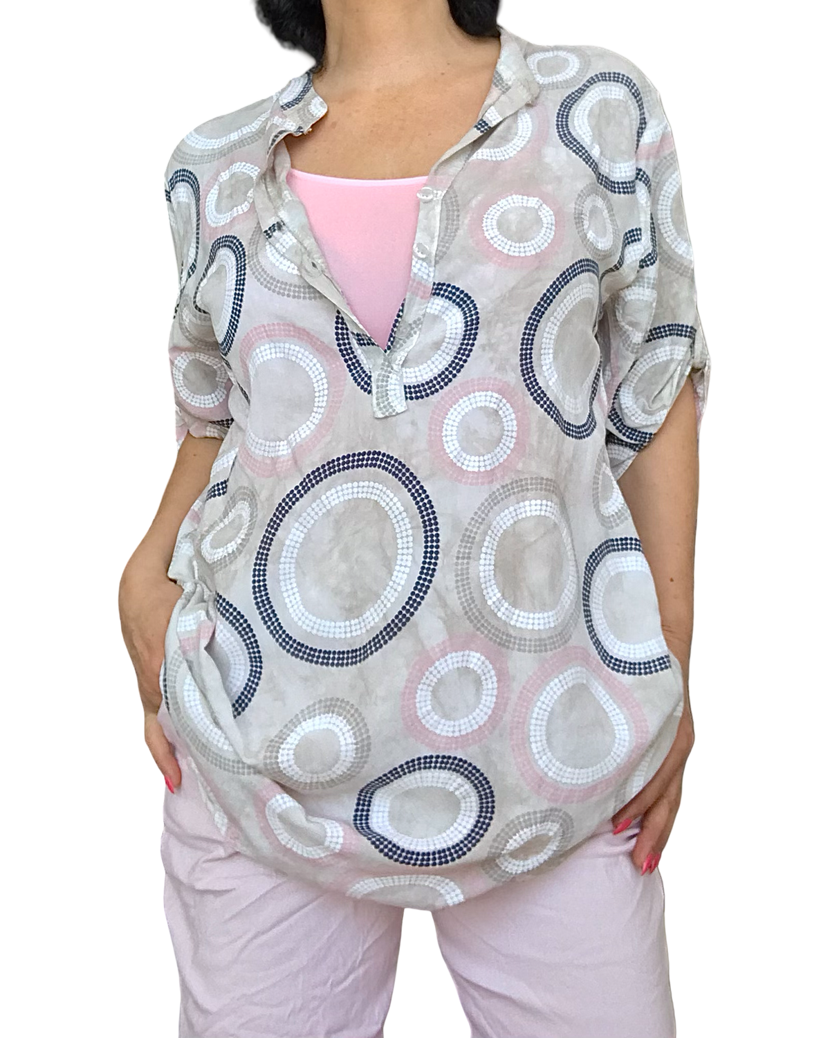 Blouse ciment imprimé de cercles moka, marine, rose et blanc, manche 3/4