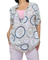 Blouse ciment imprimé de cercles moka, marine, rose et blanc, manche 3/4