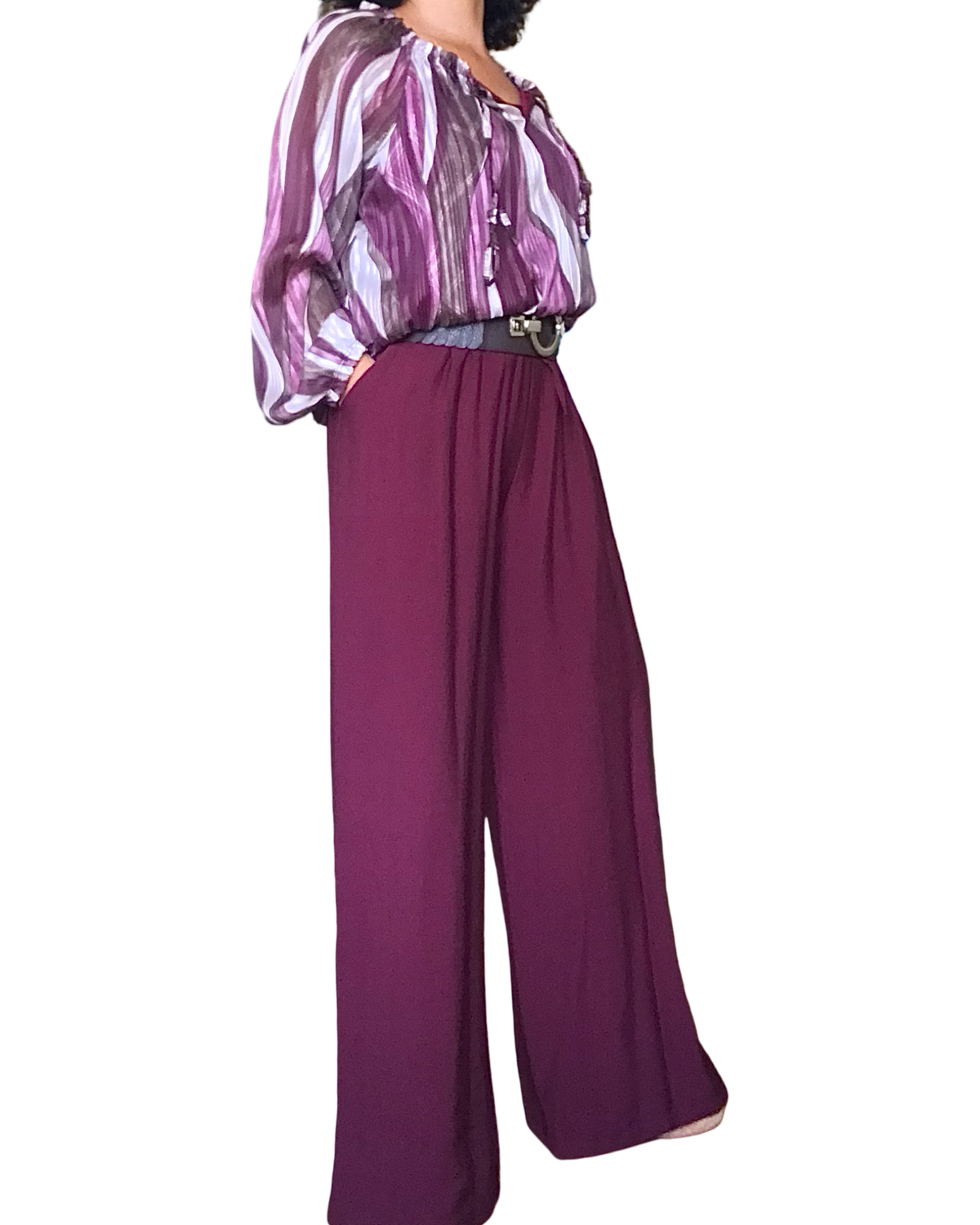 Blouse en voile bourgogne imprimé zigzag vertical manches bouffantes