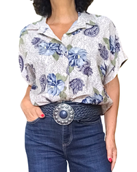 Chemise crème fleurie marine et kaki manche courte
