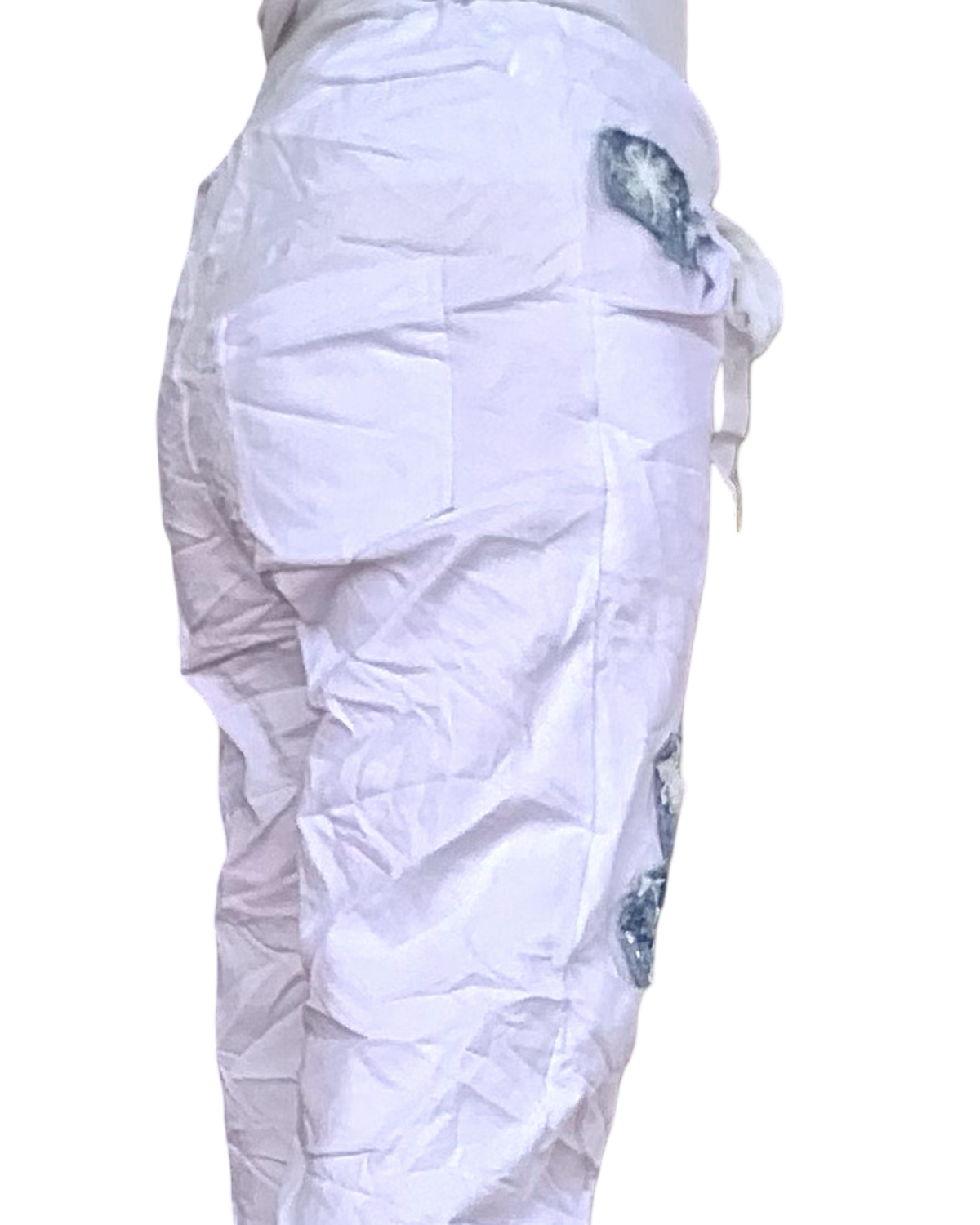 Pantalon blanc avec patch bleu jeans à taille élastique avec cordon