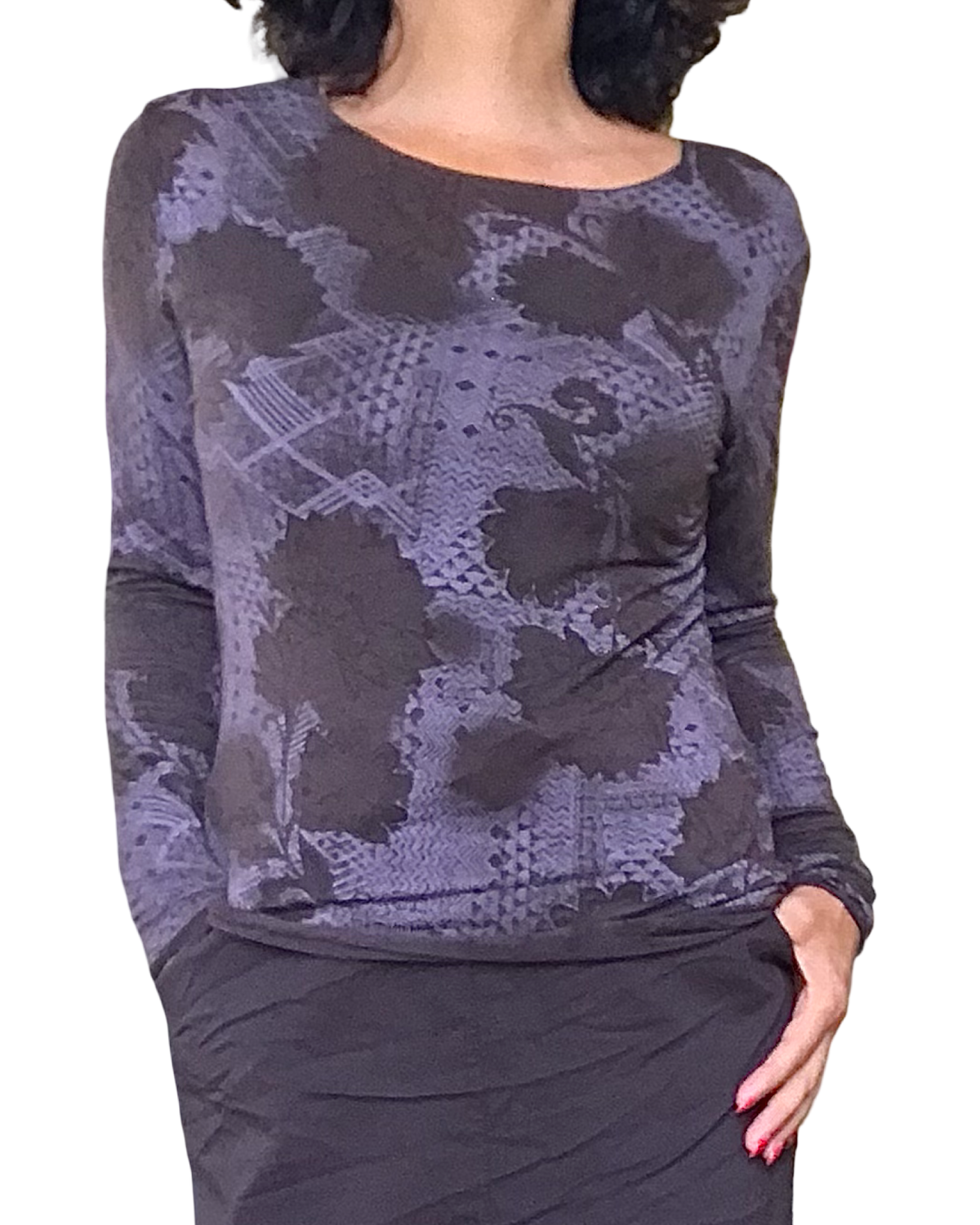 T-shirt brun fleuri ton sur ton, manche longue col rond