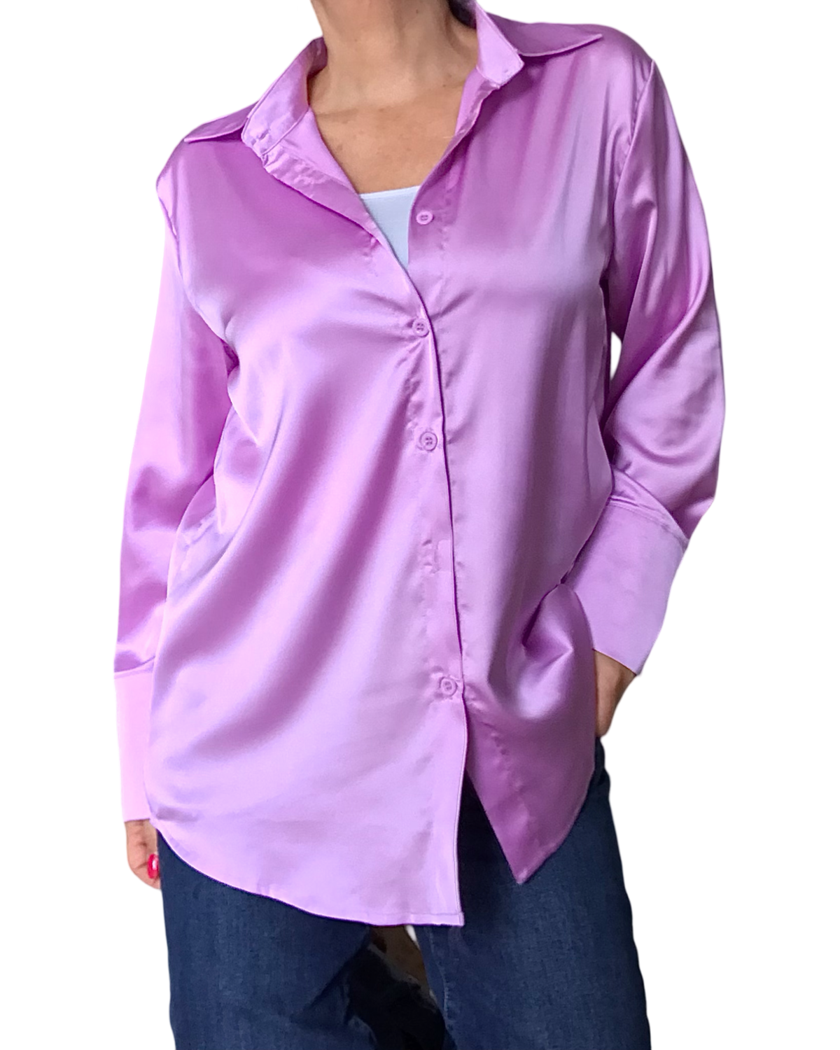 Chemise unie en satin lilas