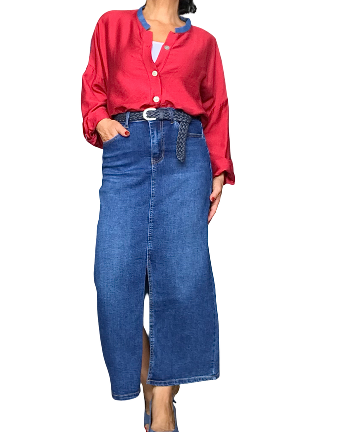 Chemise col Mao, 2 couleurs rouge et jeans à manche longue