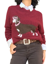 Chandail bourgogne en tricot laineux à chien saucisse brun porté sur une chemise blanche avec ceinture brune