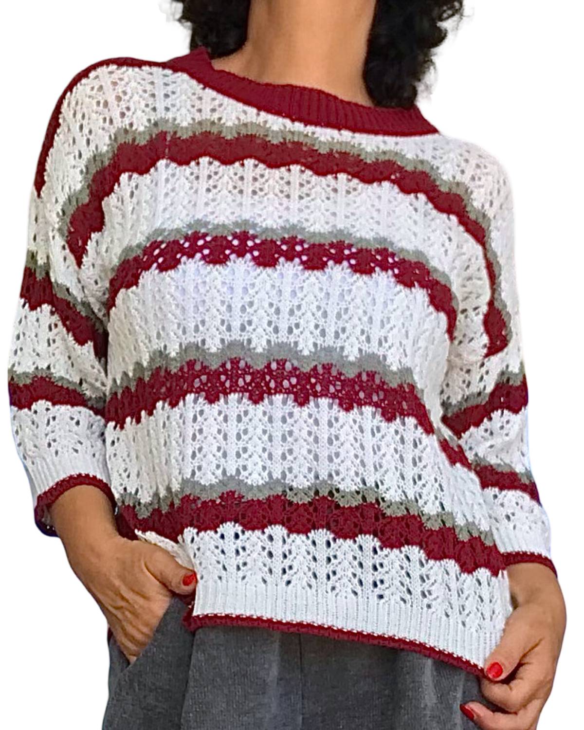 Chandail col rond en crochet à rayures crème, kaki et bourgogne