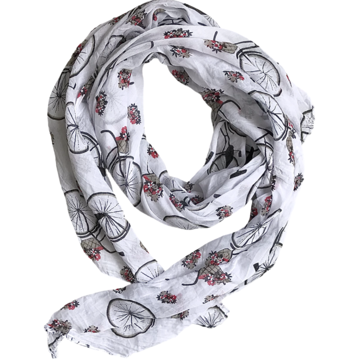 Foulard blanc imprimé de bicyclettes noires 30% soie et 70% coton