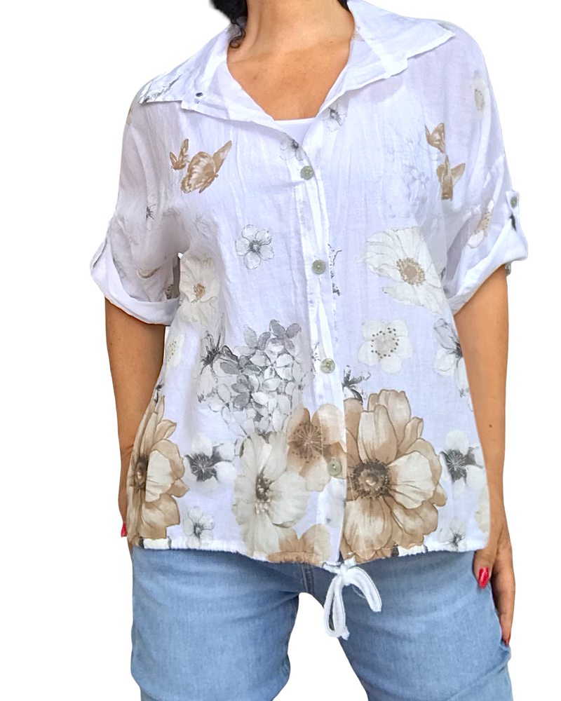 Chemise manche courte à cordon fleurs noisettes