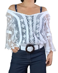 Chandail col en V en crochet blanc, manche 3/4 cloche