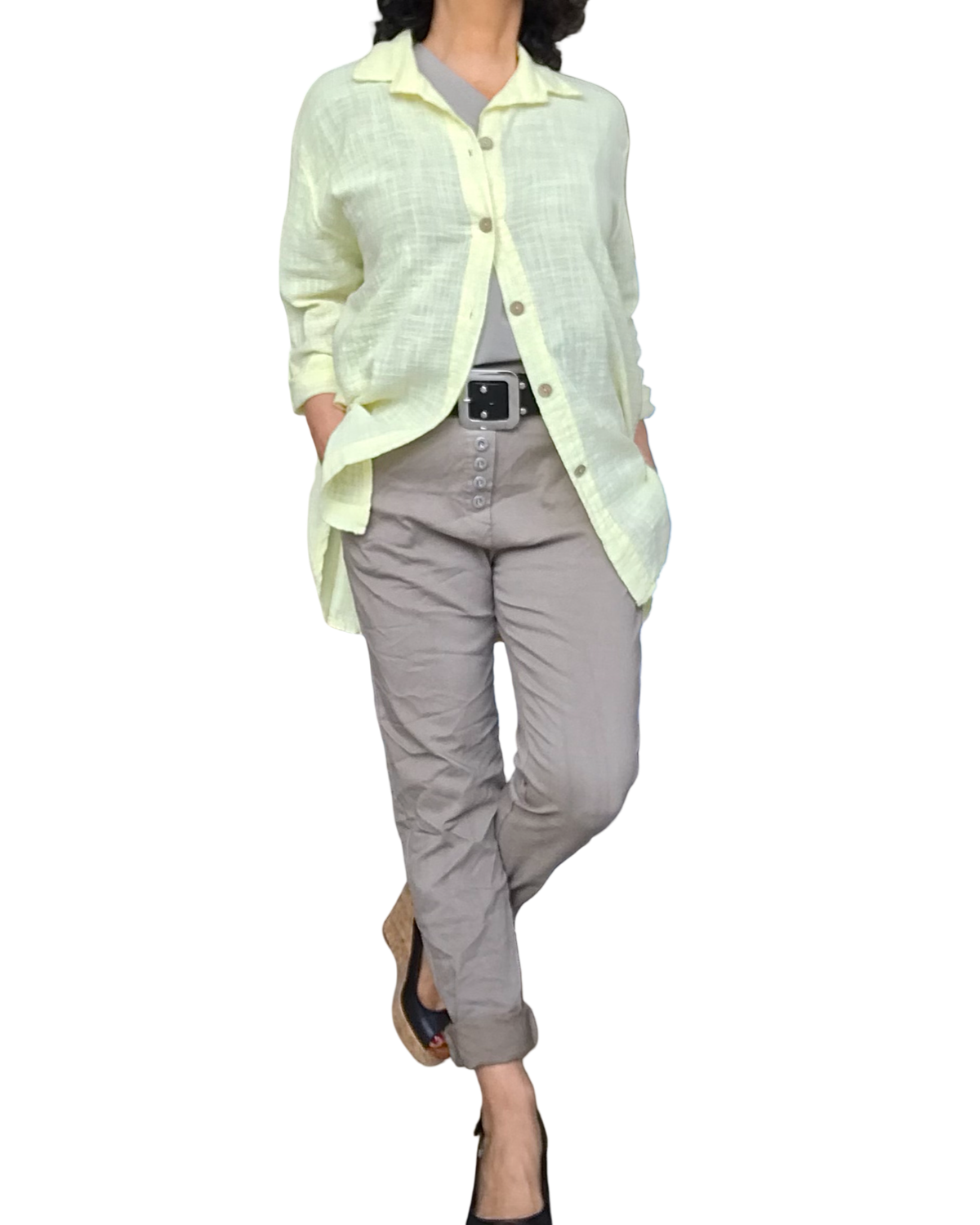 Chemise jaune unie à manche 3/4 col chemise