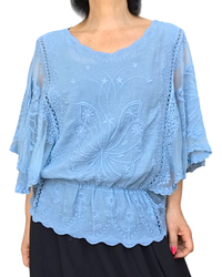 Blouse en voile, dentelle et broderie, élastique à la taille | Livraison 10 mai