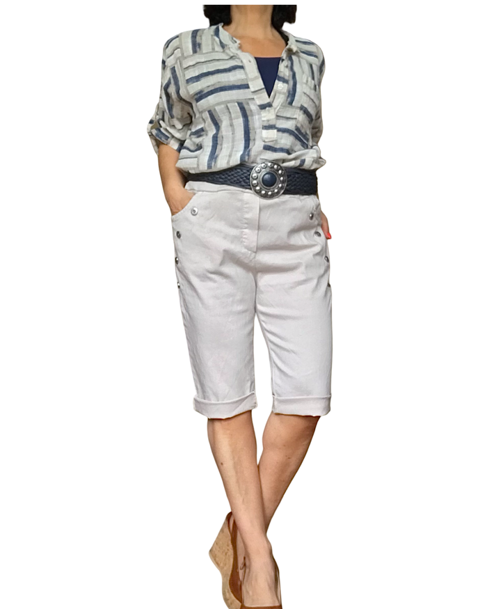 Blouse manche courte, rayures horizontales et verticales beige, marine, moka