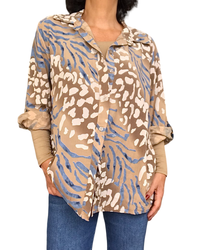 Chemise camel à manche 3/4 avec imprimé léopard