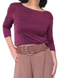 T-shirt rouge vin marguerites manche longue col rond