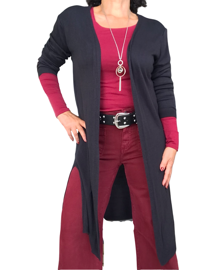 Cardigan femme noir uni long fendu de chaque coté