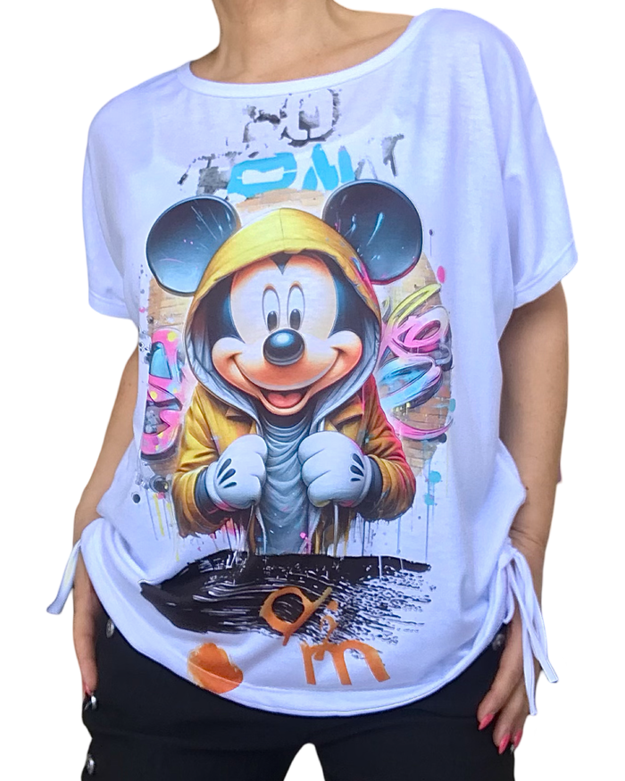 T-shirt Mickey Mouse blanc avec rubans et couleurs éclatantes