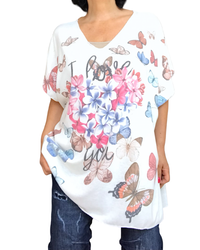 T-shirt col en V papillons et fleurs